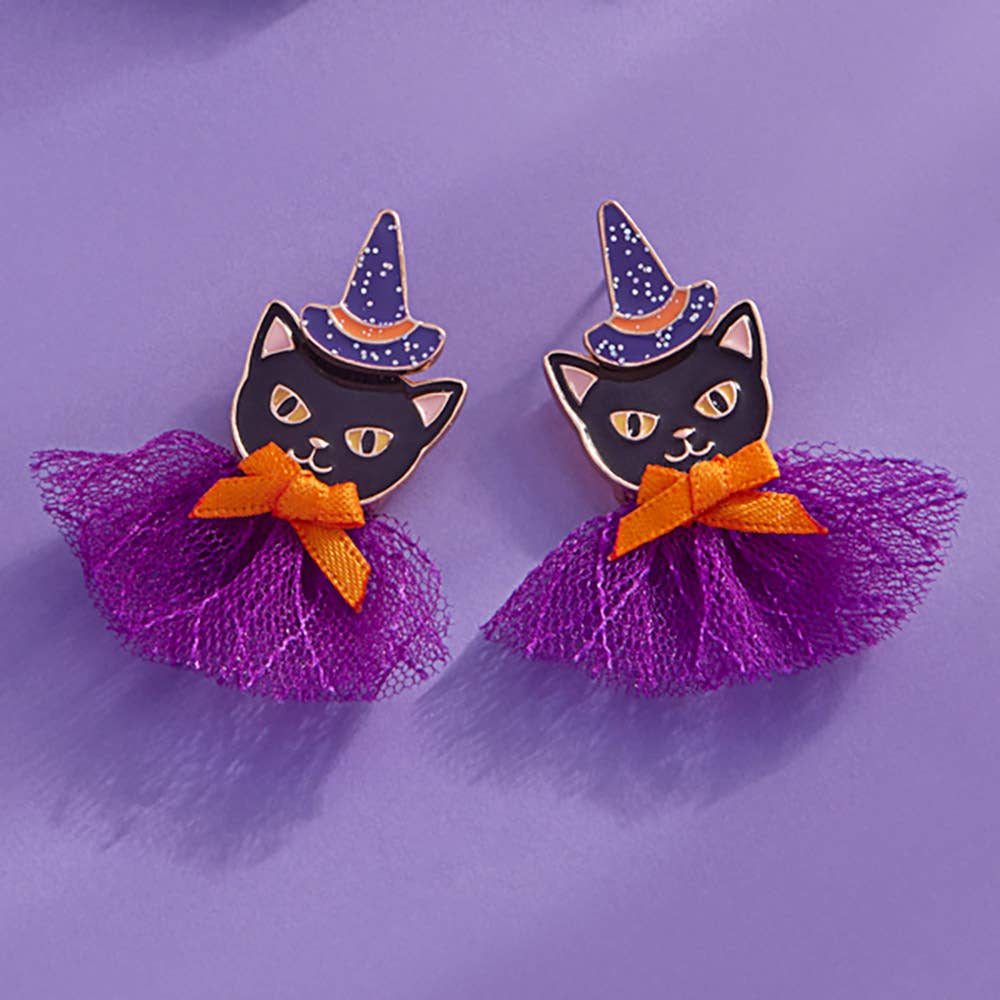 Halloween Black Cat With Bow Earrings