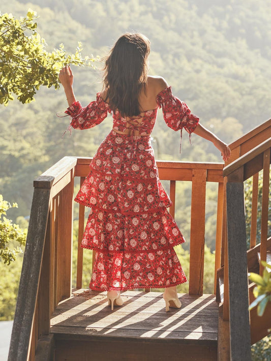 Casey Puff Sleeve Top - Scarlet/Ivory Rose Floral