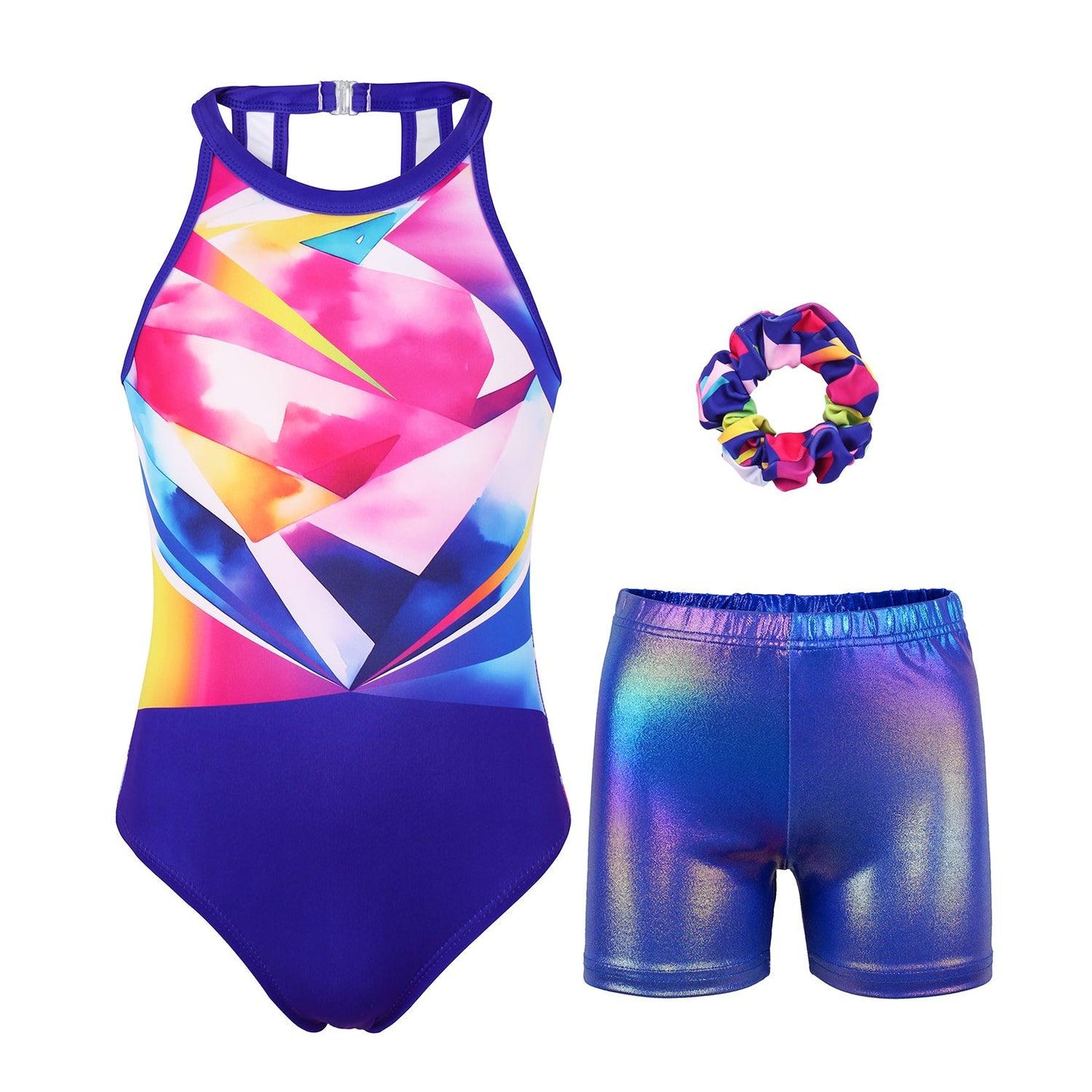 Colorful Geometry Clasp Back Gymnastics Leotard Outfit Set