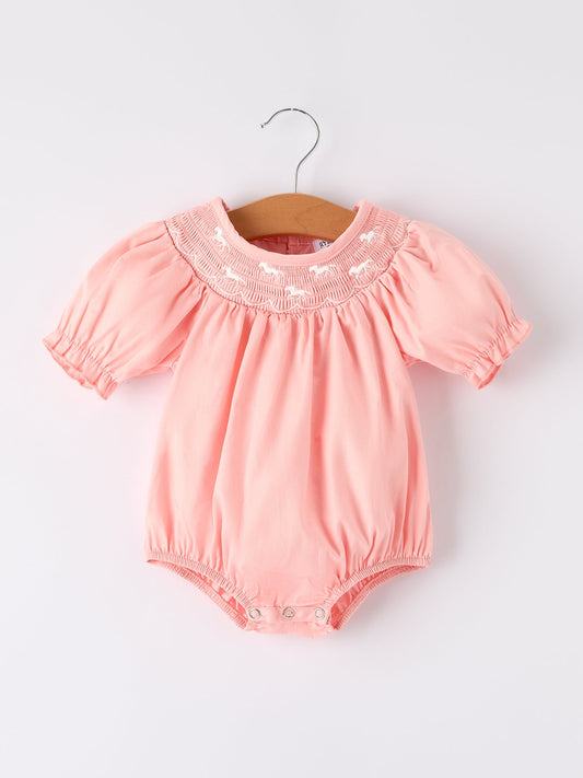 Girls Horse Smocking Embroidered Coral Romper