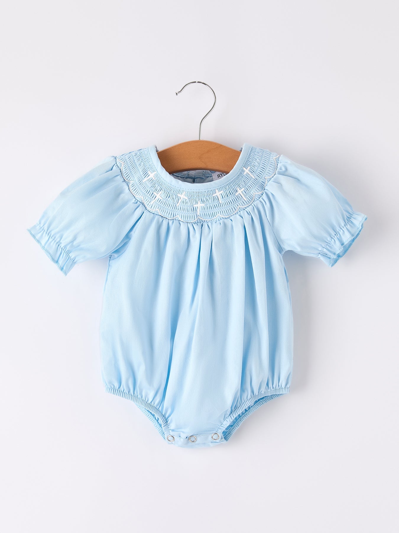 Girls Cross Smocking Embroidered Blue Romper