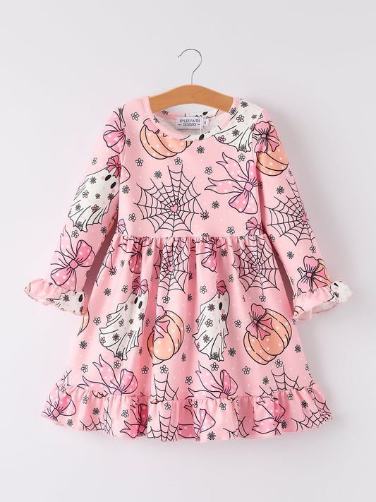 Halloween Ghost Pumpkin Print Ruffled Cuffs Long sleeve Dress