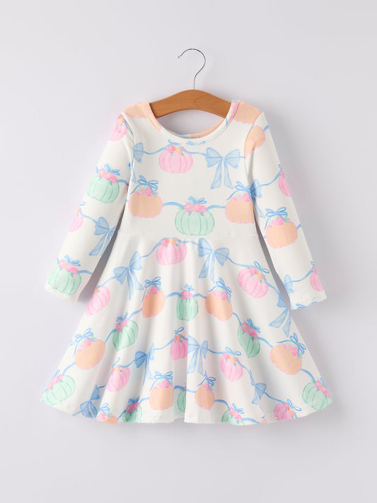 Halloween Pumpkin Bow Print Long Sleeve Dress