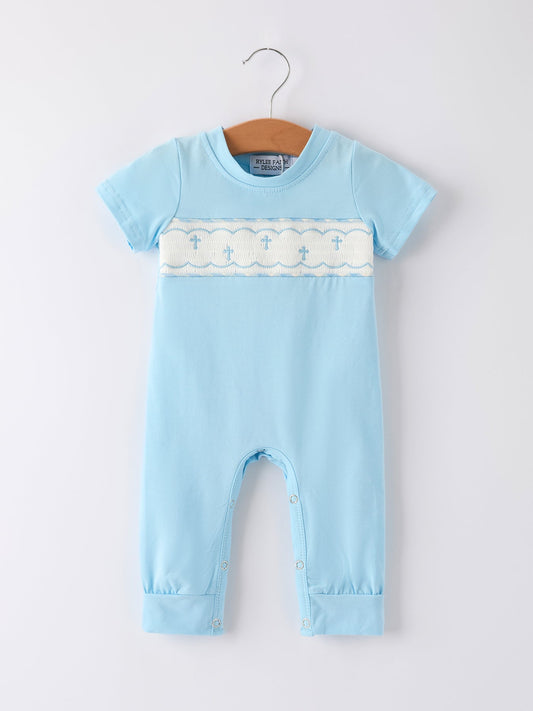 Blue Smocked Church Christ Bishop Christening Toddler Boys' Romper