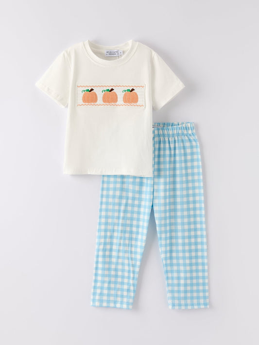 Boys Halloween Pumpkin Embroidery Smocking Blue Plaid Set