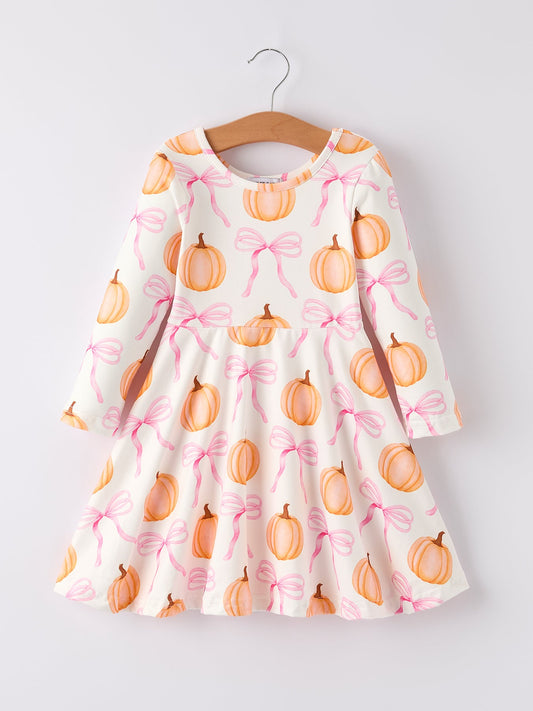 Halloween Pumpkin Bow Print Long Sleeve Dress