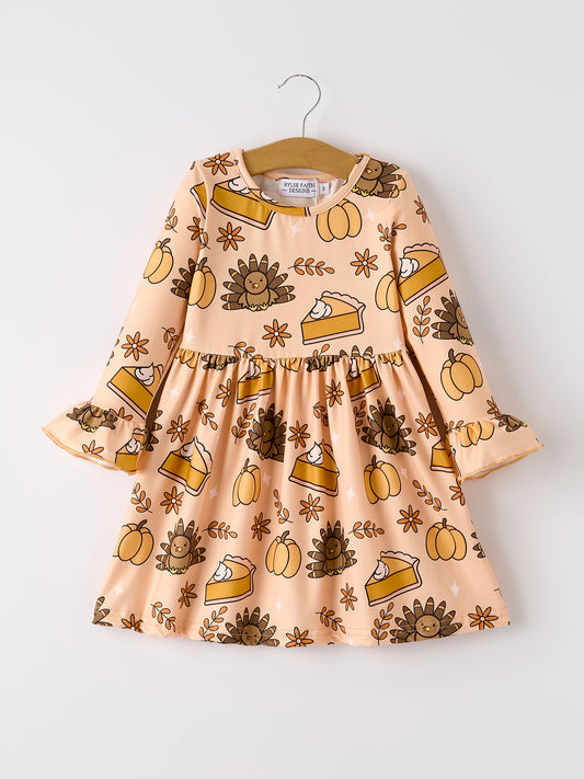 Thanksgiving Day Turkey Pie Print Ruffle Sleeve Fun Dress