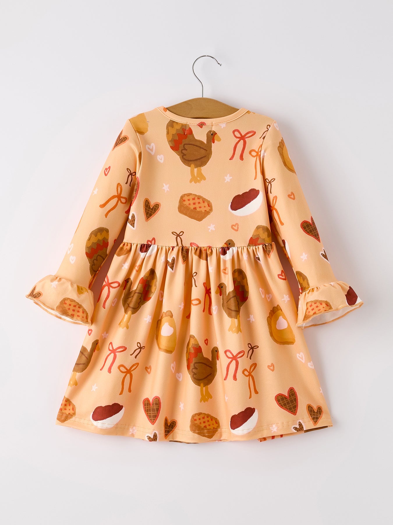 Thanksgiving Day Turkey Pie Print Ruffle Sleeve Dress