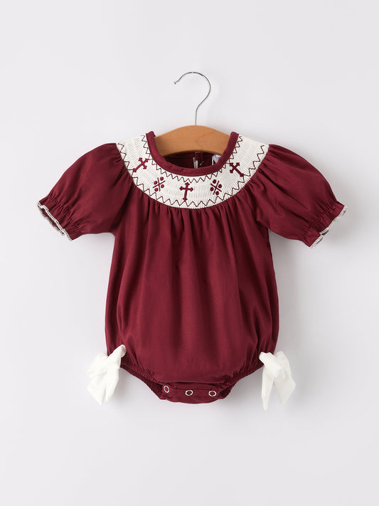Dark Red Smocked Church Christ Bishop Christening  Girls Romper