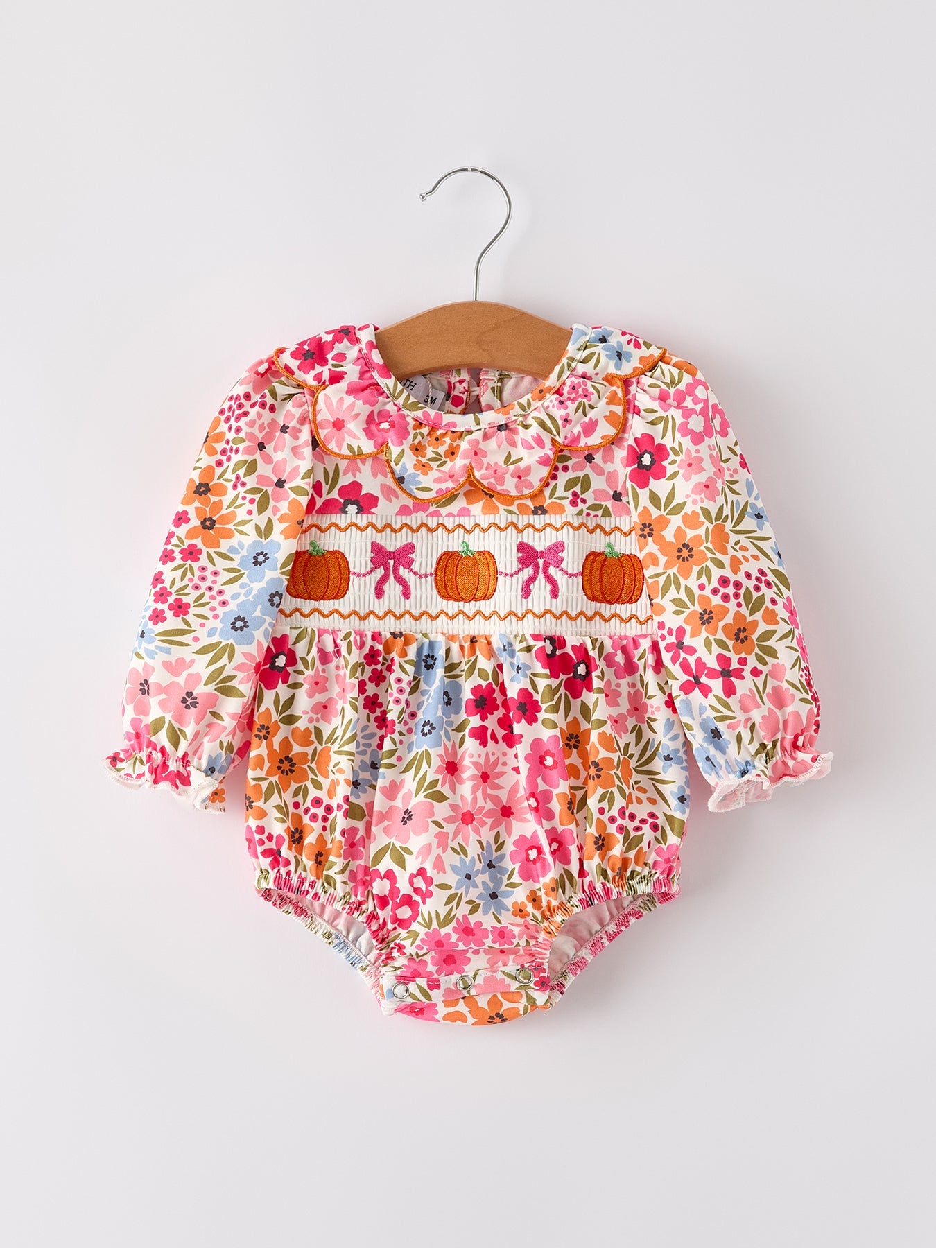 PREORDER Halloween Pumpkin Bow Smock Embroidered Floral Baby Girl Romper