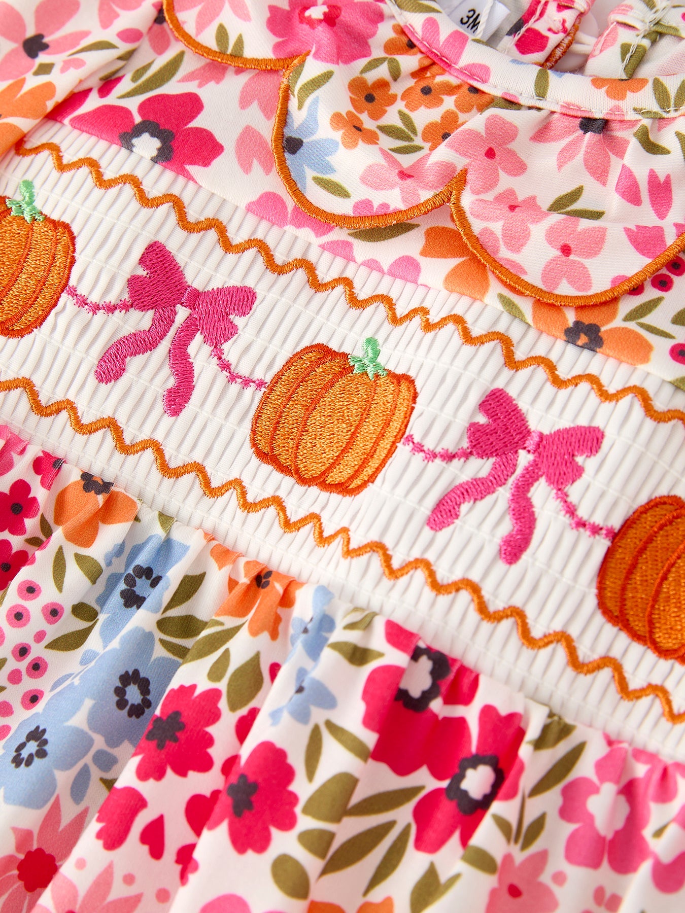 PREORDER Halloween Pumpkin Bow Smock Embroidered Floral Baby Girl Romper