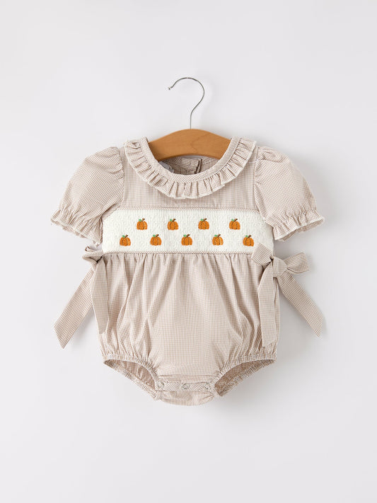 Halloween & Thanksgiving Pumpkin Embroidery Smock Plaid Baby Girl Romper