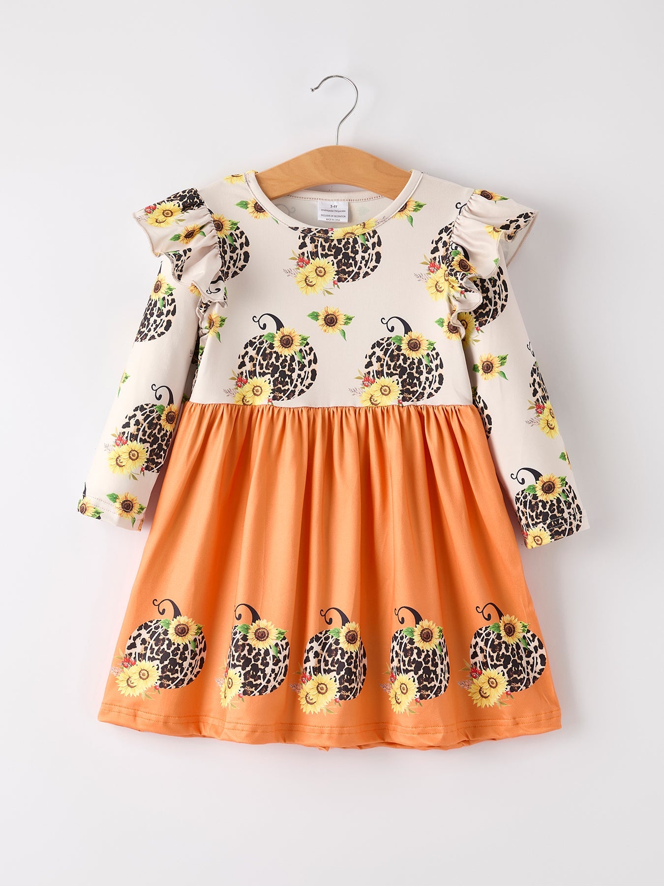 Thanksgiving Pumpkin Leopard Floral Print Girls Dress