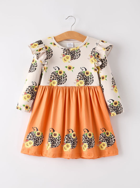 Thanksgiving Pumpkin Leopard Floral Print Girls Dress