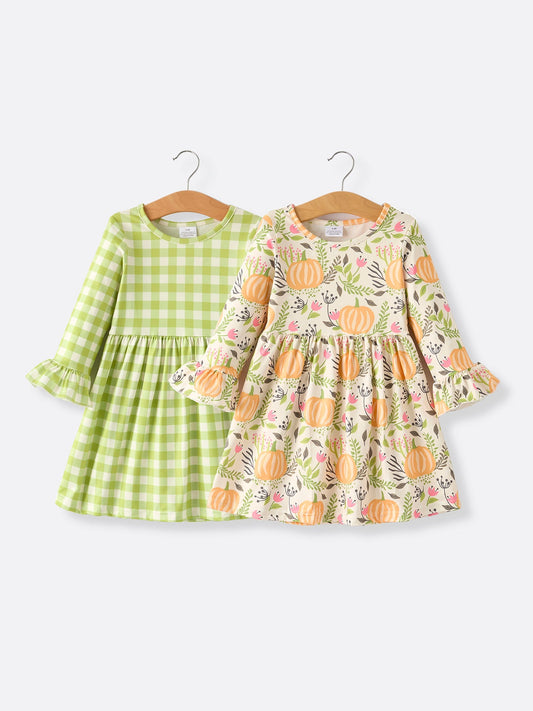 2 Piece Thanksgiving Pumpkin Plaid Print Girls Dress Set