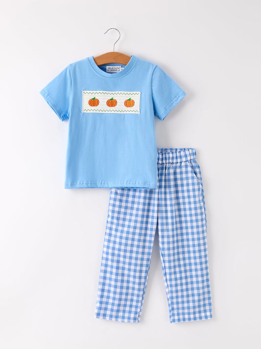 Fall Thanksgiving & Halloween Blue Pumpkin Smock Embroidery Baby Boy'Set