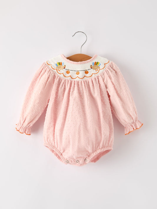 Fall Thanksgiving & Halloween Chicken Pumpkin Smock Embroidery Baby Girl Romper