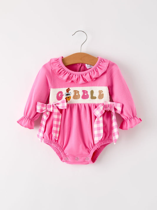 Fall Thanksgiving & Halloween "GOBBLE" Smock Embroidery Baby Girl Romper