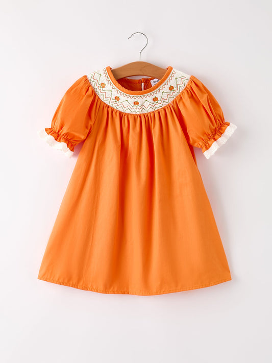 Fall Thanksgiving & Halloween Orange Pumpkin Smock Embroidery Lace Baby Girl Dress