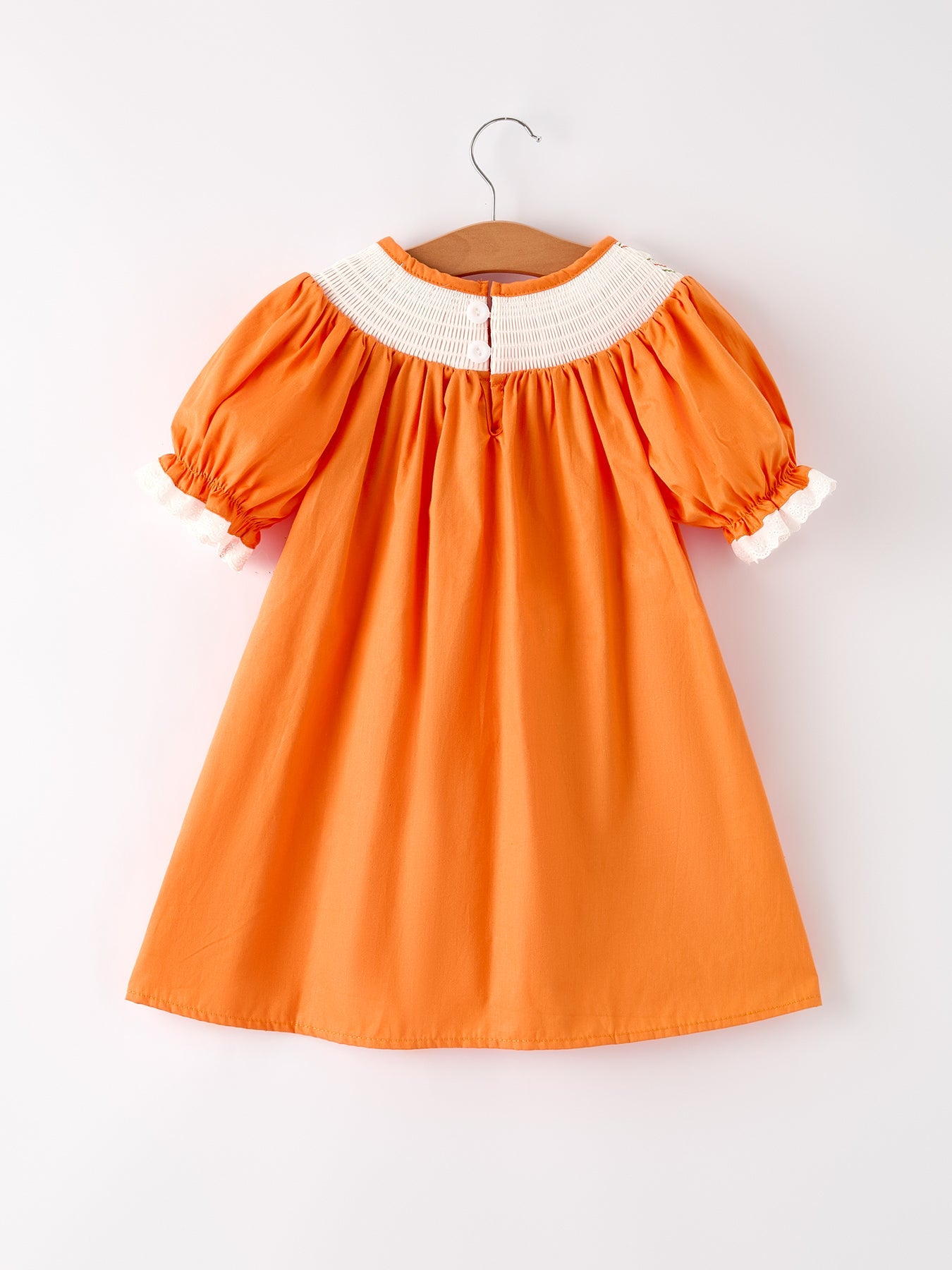 Fall Thanksgiving & Halloween Orange Pumpkin Smock Embroidery Lace Baby Girl Dress