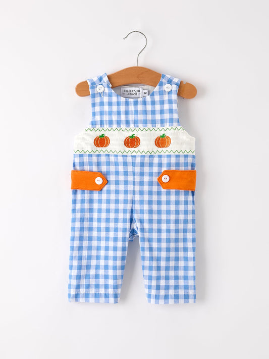 Fall Thanksgiving & Halloween Blue Pumpkin Smock Embroidery Baby Boy Romper