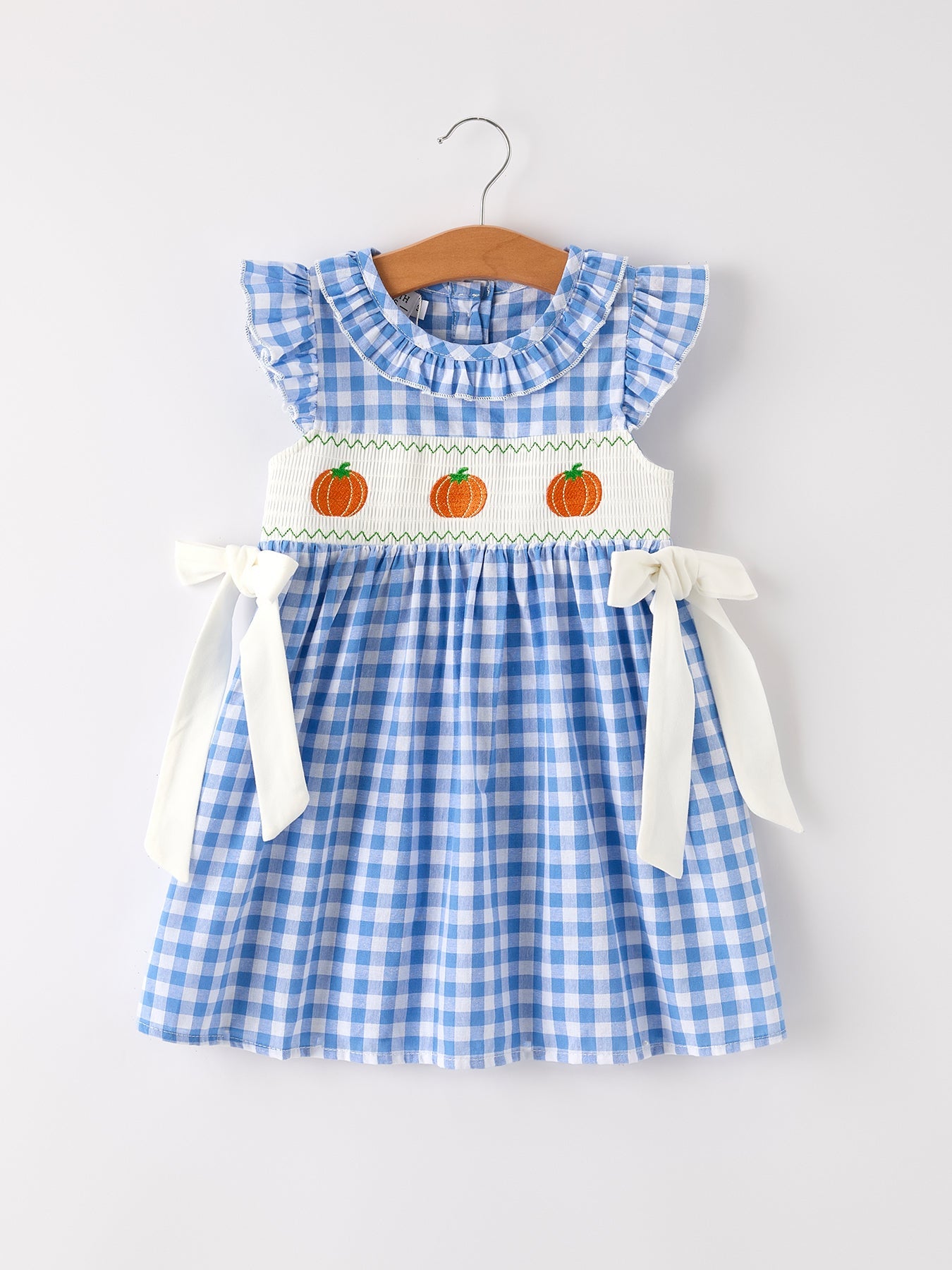 Fall Thanksgiving & Halloween Blue Pumpkin Smock Embroidery Baby Girl Dress