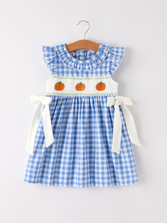 Fall Thanksgiving & Halloween Blue Pumpkin Smock Embroidery Baby Girl Dress