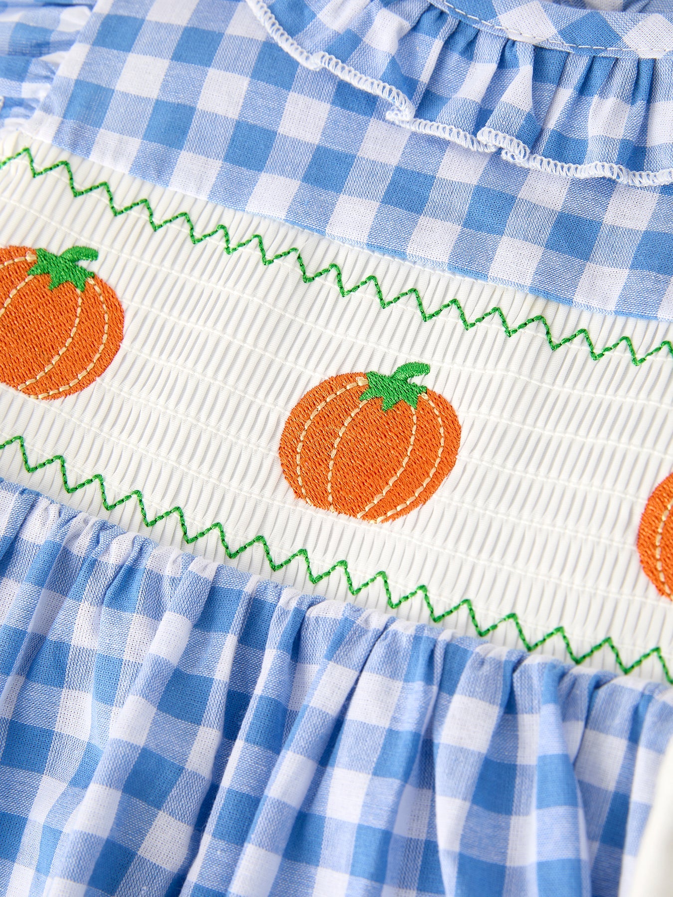 Fall Thanksgiving & Halloween Blue Pumpkin Smock Embroidery Baby Girl Dress