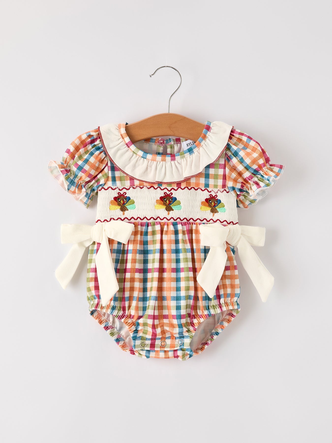 Fall Thanksgiving Color Plaid Embroidery Smocking Baby Girls Romper