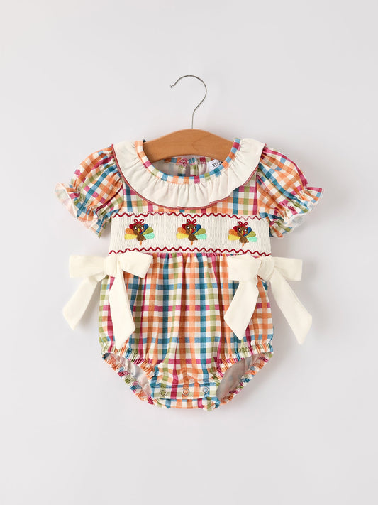 Fall Thanksgiving Color Plaid Embroidery Smocking Baby Girls Romper