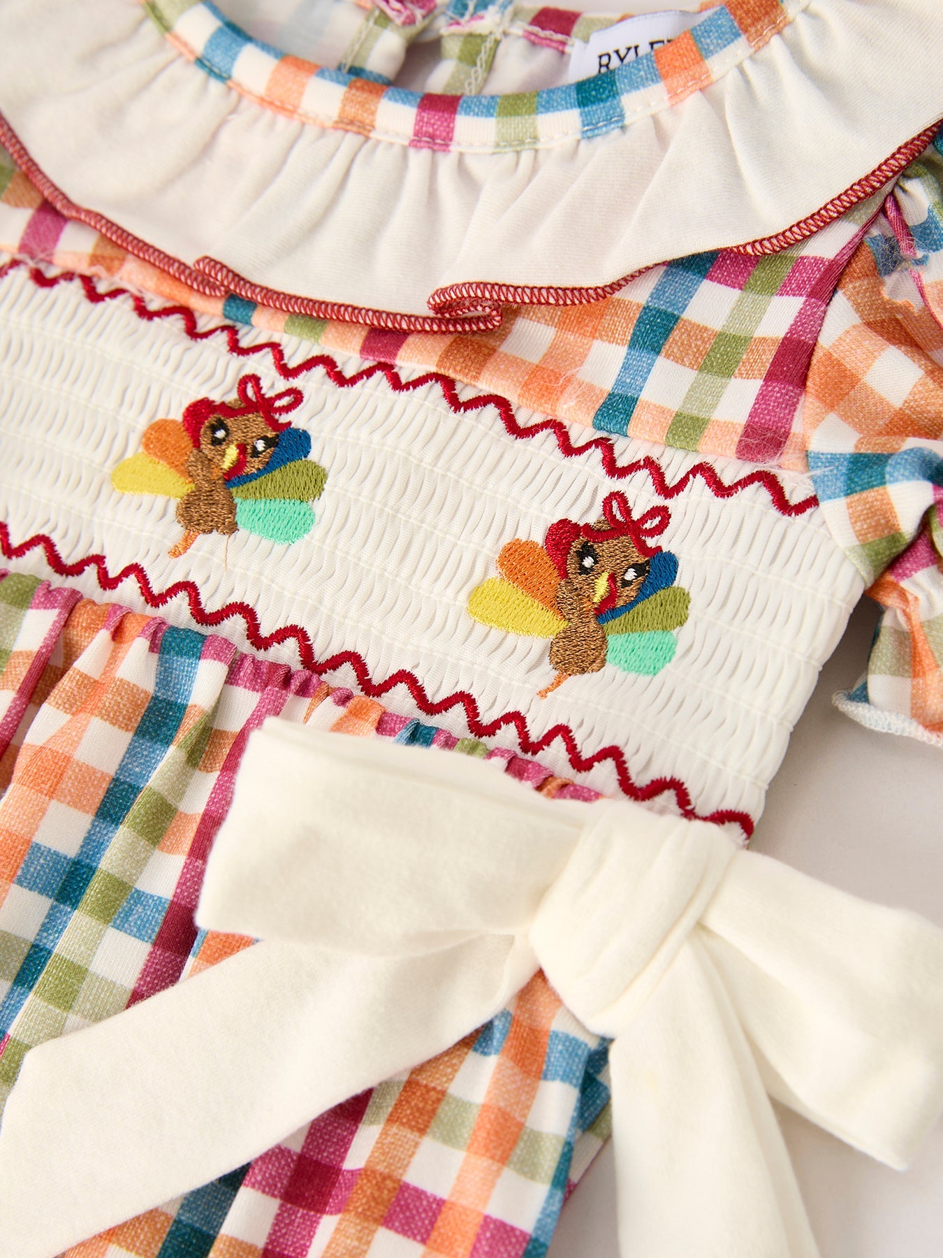 Fall Thanksgiving Color Plaid Embroidery Smocking Baby Girls Romper
