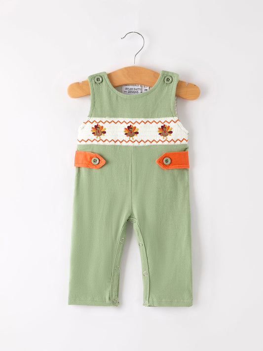 Fall Thanksgiving Smock Embroidered Green Boys Romper