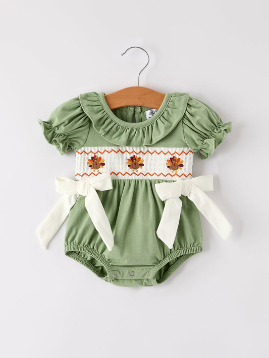 Fall Thanksgiving Smock Embroidered Green  Baby Girl Romper