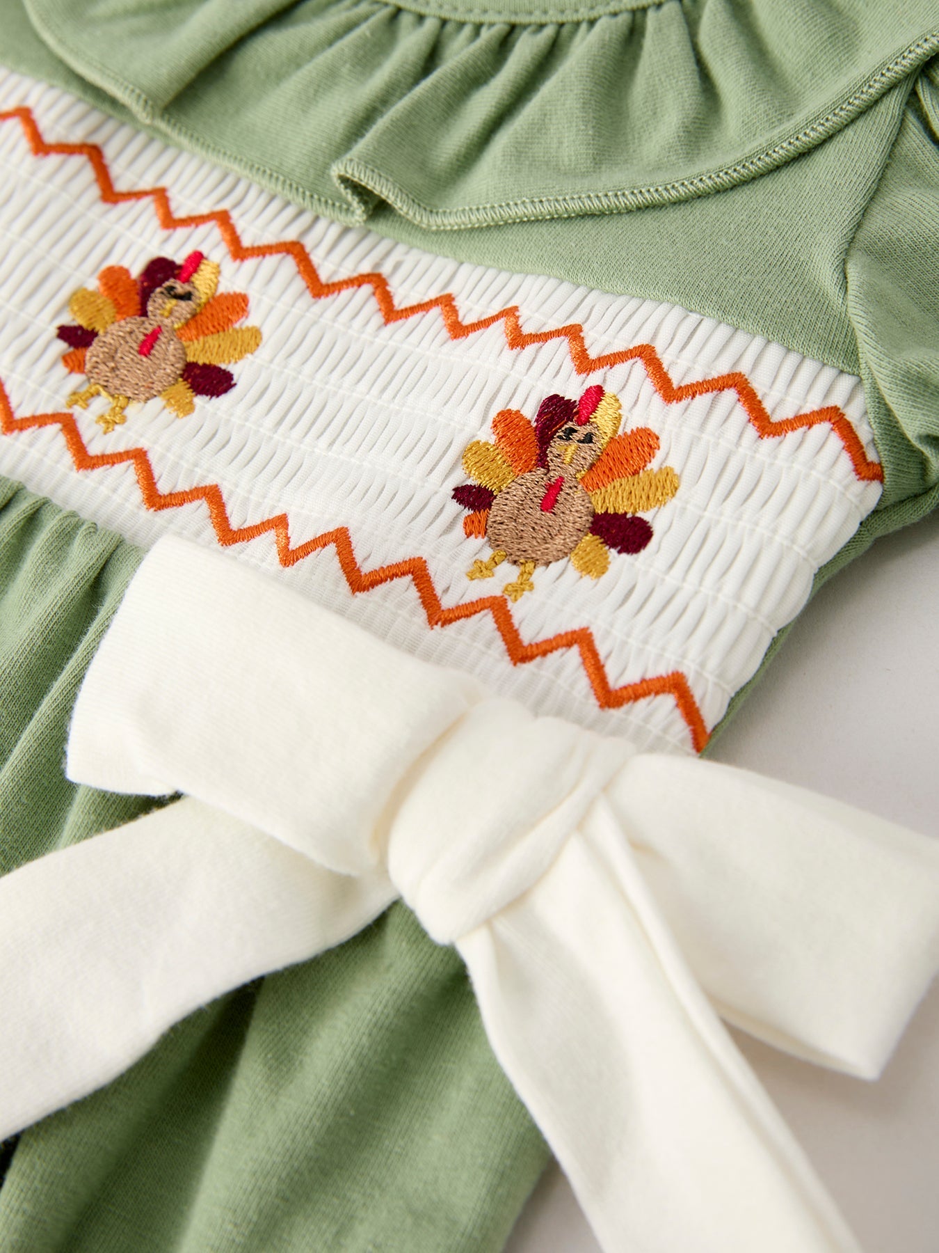 Fall Thanksgiving Smock Embroidered Green  Baby Girl Romper