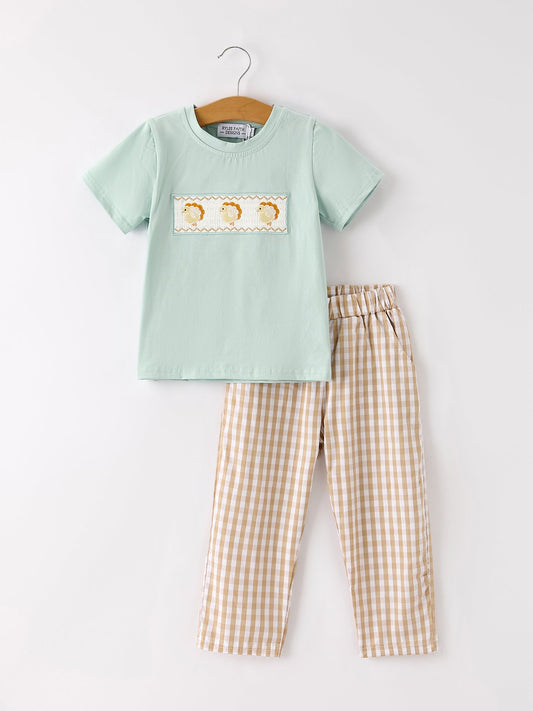 Fall Thanksgiving Plaid Chick Embroidery Smocking Boys Set