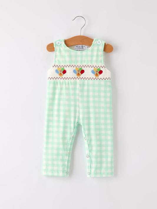 Fall Thanksgiving Green Smock Embroidered Plaid Baby Boys Romper