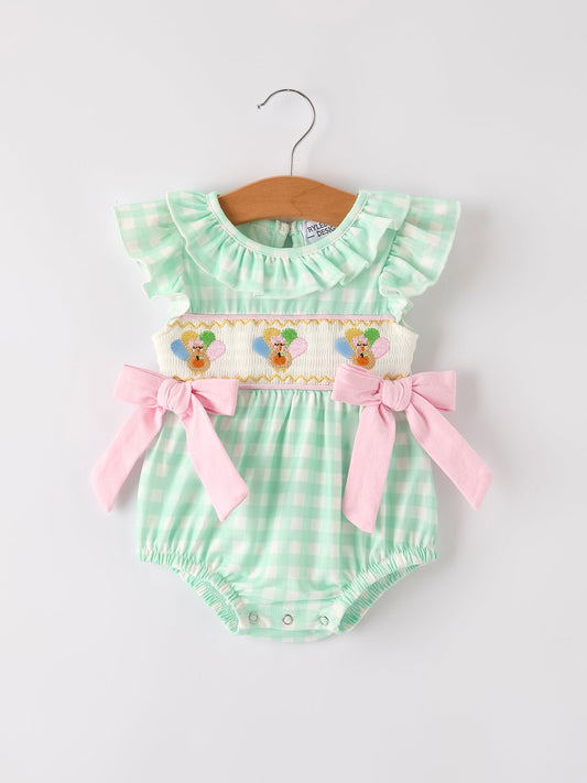 Fall Thanksgiving Green Smock Embroidered Plaid Baby Girls Romper