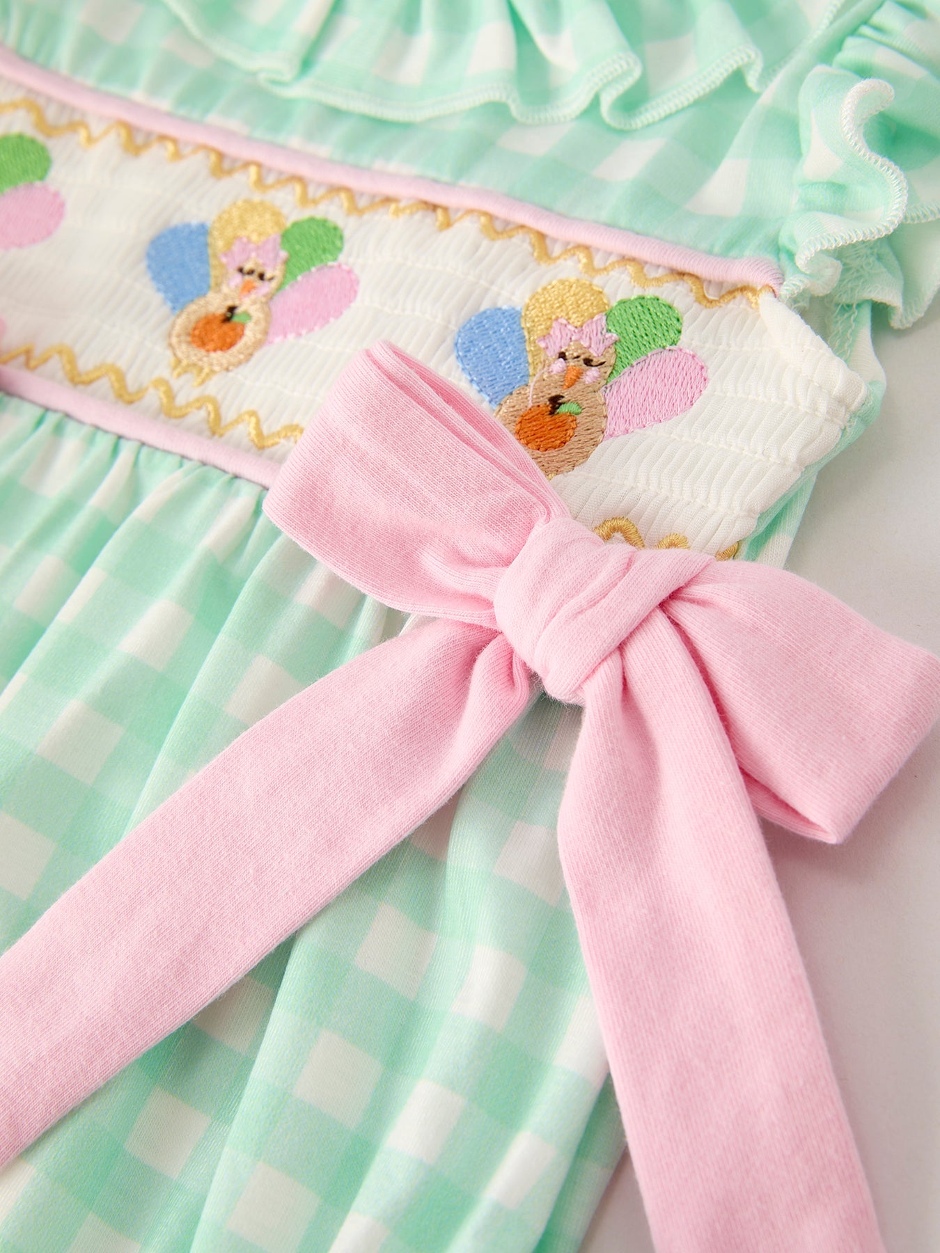 Fall Thanksgiving Green Smock Embroidered Plaid Baby Girls Romper