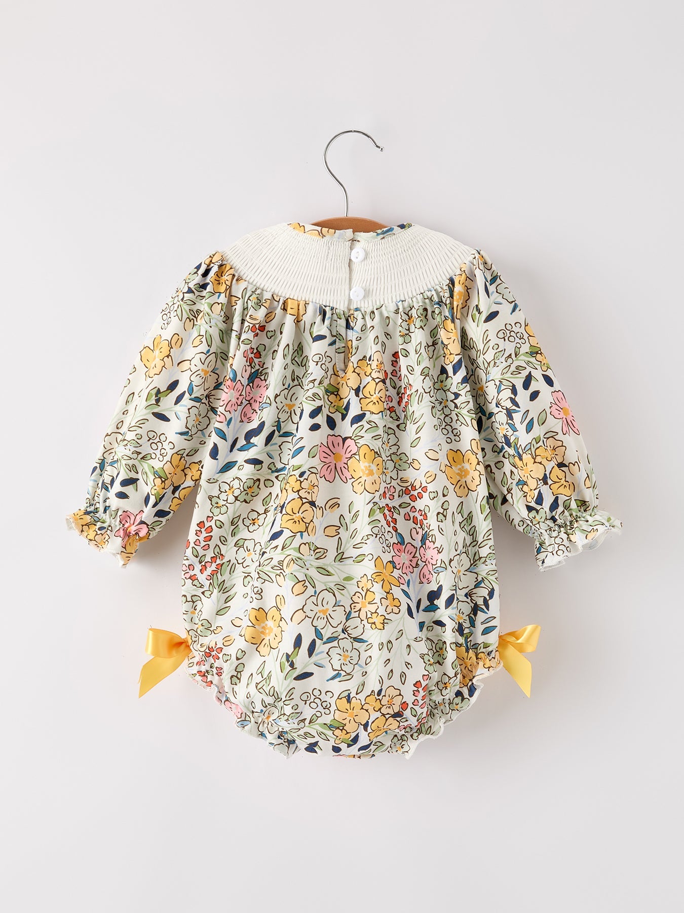 Fall  Embroidery Smocking Bow Floral Leaf Baby Girls Romper