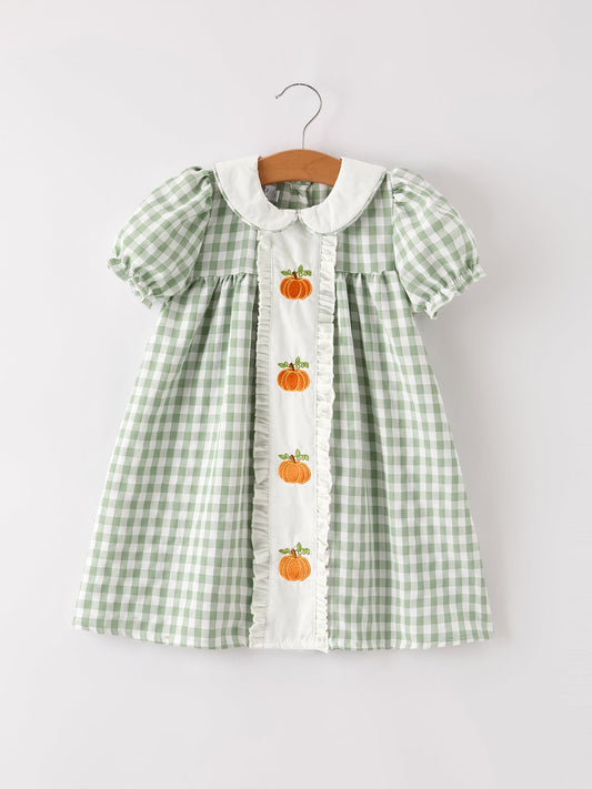Fall Halloween & Thanksgiving Pumpkin Applique Plaid Green Girls Dress