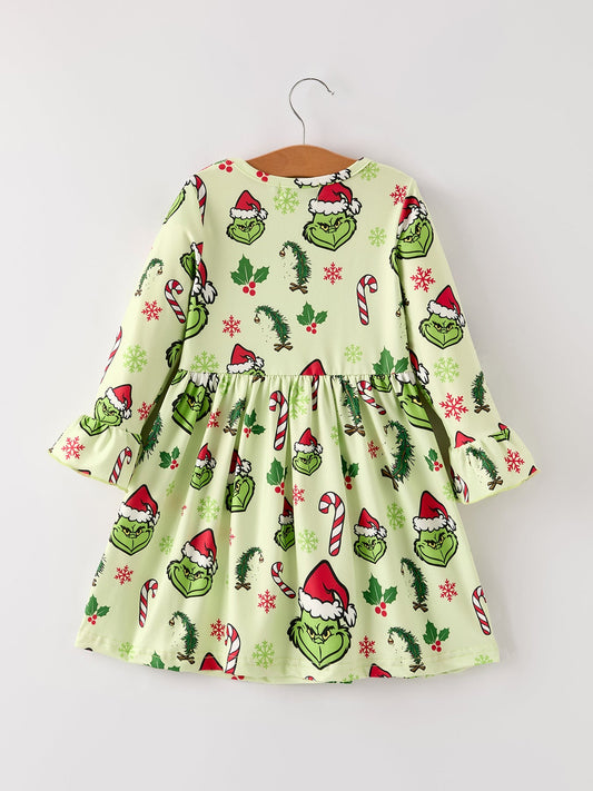 Winter Christmas Candy Cane Character Print  Green Girls Dress