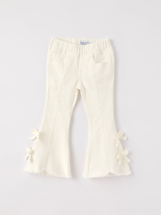 Charming White Bell Bottom Pants with Cute Bows