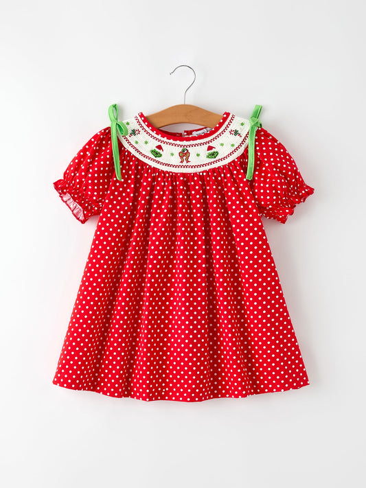 Christmas Cheer: Red Holiday Girls Dress with Cute Embroidery
