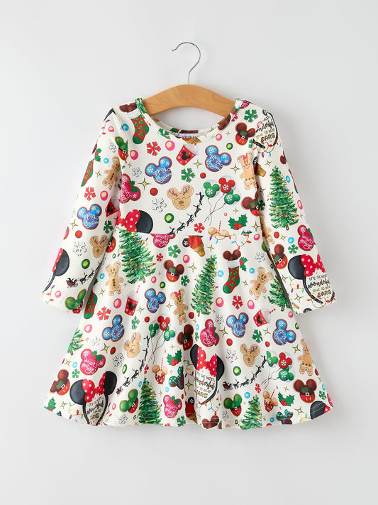 Festive Holiday Christmas Girls Dress with Colorful Balloon and Characters