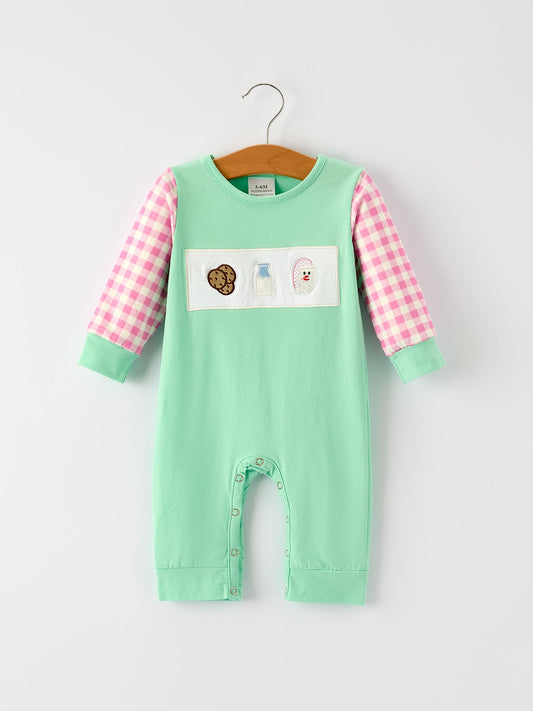 Christmas Green Santa Smock Applique Plaid Baby Boys Romper