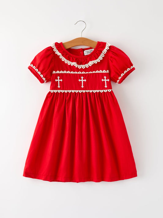 Red Girls Dress: Cross Embroidery with Lace Trim