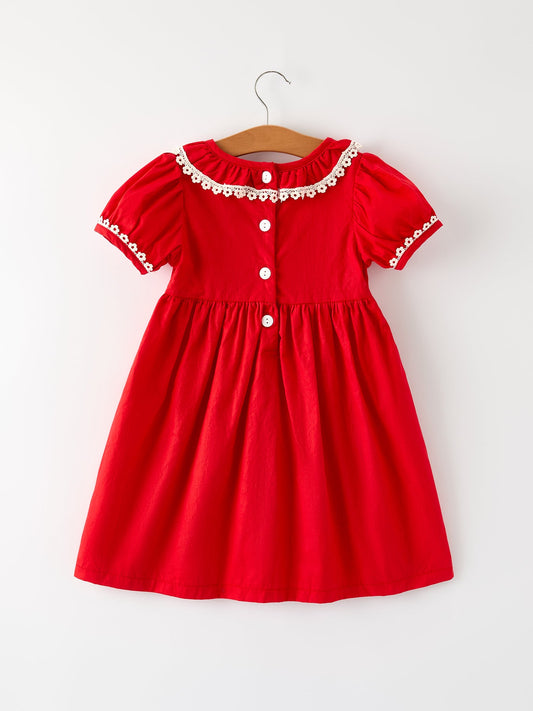 Red Girls Dress: Cross Embroidery with Lace Trim