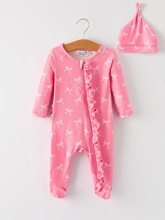 Christmas Bow Pink Romper with Hat: Sweet and Stylish Baby Outfit