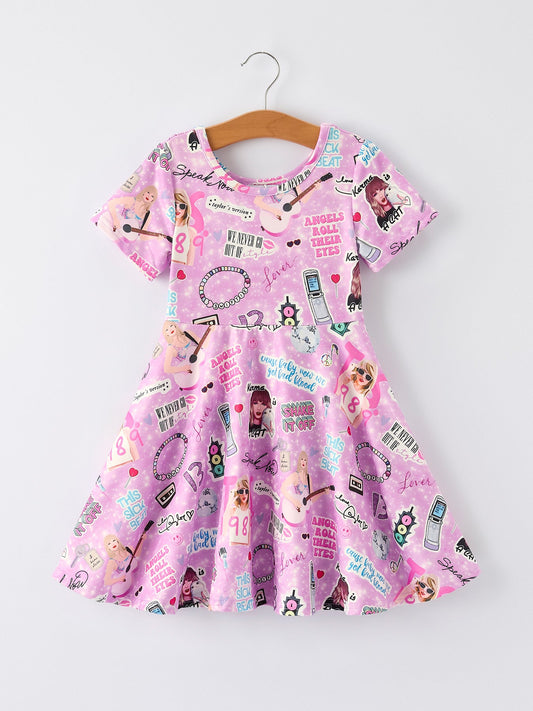 Purple Ts Twirly Print Girls Short sleeves Dress：Musical Journey in Style