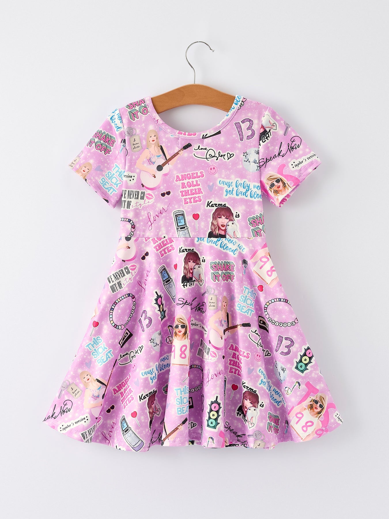Purple Ts Twirly Print Girls Short sleeves Dress：Musical Journey in Style